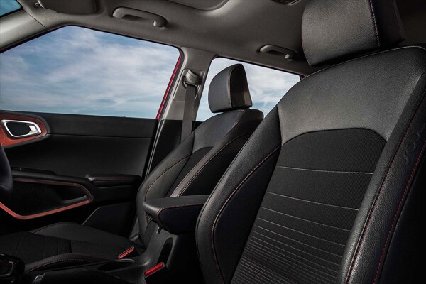 2020 Kia Soul Black and Red Interior Seating on the GT-Line Turbo