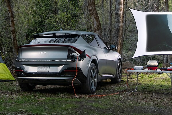 2022 Kia EV6 out camping and projecting a movie