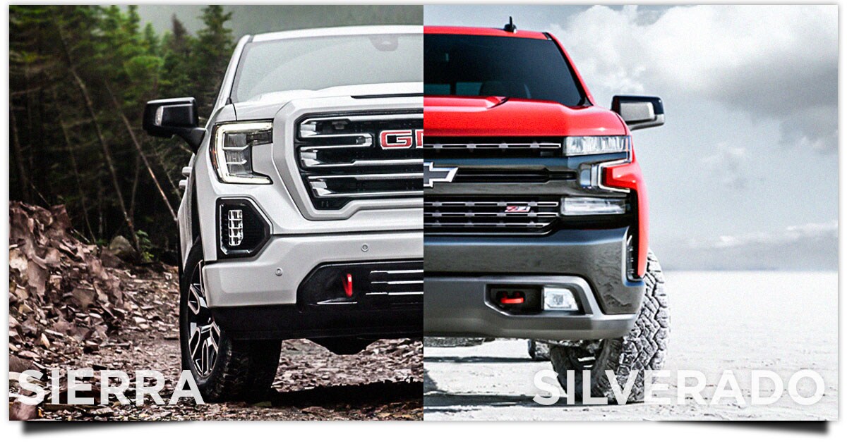 2020 GMC Sierra 1500 front facia next to 2020 Chevy Silverado 1500 front facia