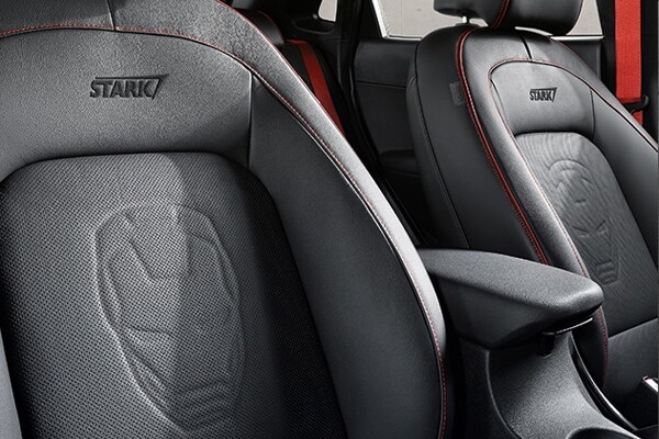 2019 Hyunda Kona Ironman Interior Seats with Stark Industries stitched into them and an embossed Ironman Logo