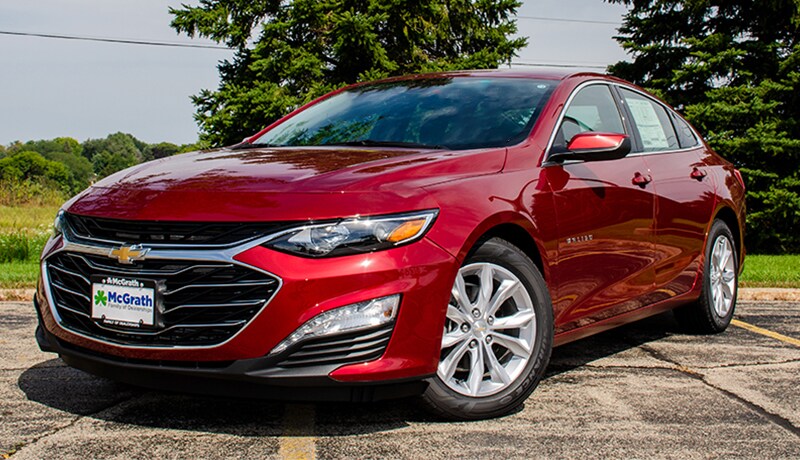 2019 Cajun Red Chevy Malibu LT front exterior parked in a lot