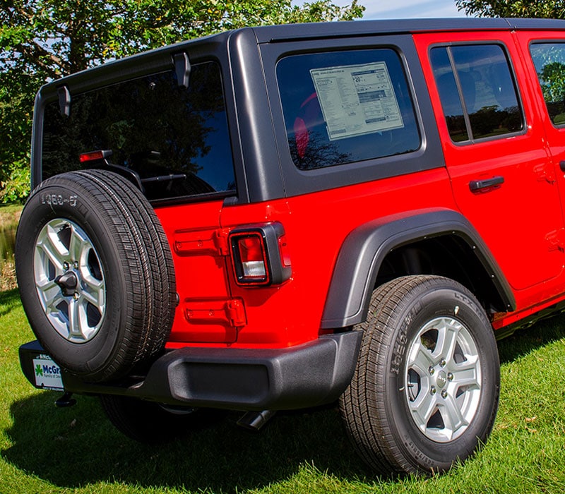 2020 Red Jeep Wrangler Exterior rear view parked in a park