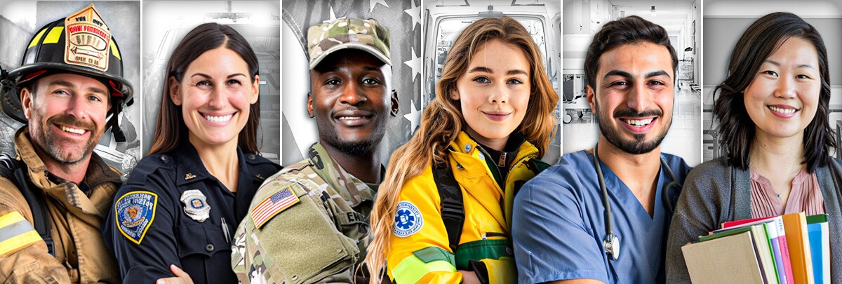 Firemen, police officer, military member, paramedic, nurse, teacher