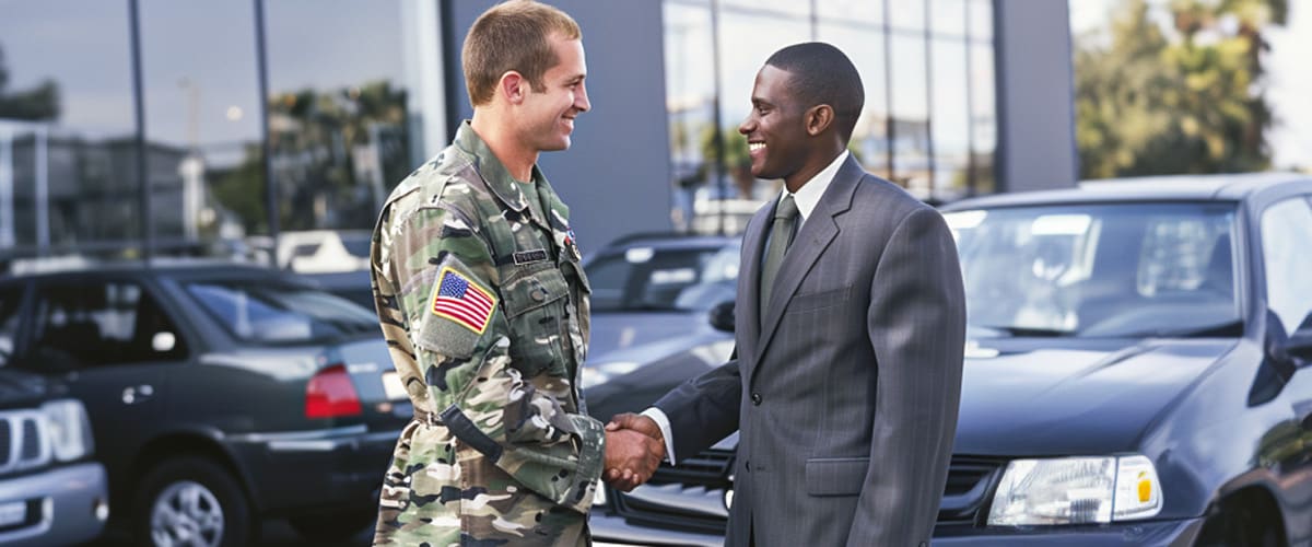 Military member shaking hands with car salesmen