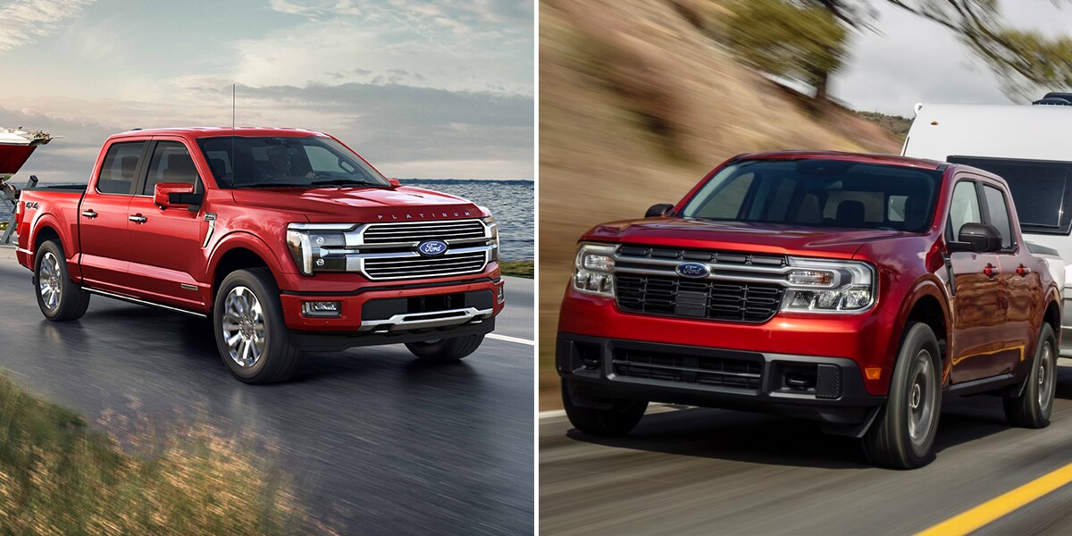 Ford F-150 pulling a trailer down the road and a Ford Maverick off-roading
