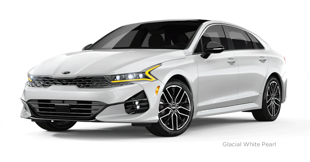 2021 Kia K5 exterior color options: Glacial White Pearl, Everlasting Silver, Wolf Gray, Gravity Gray, Passion Red Tint Coat, Sapphire Blue, Crystal Beige, Ebony Black