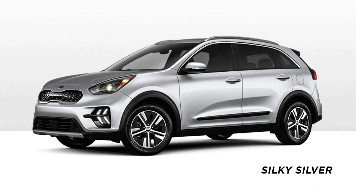 2020 Kia Niro Exterior Colors; silky silver, snow white pearl, runway red, aurora black pearl, deep cerulean, solar orange, horizon blue