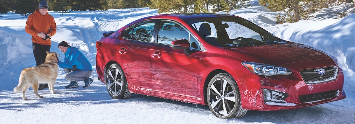 2019 Subaru Impreza A man, woman and their dog in the snow with the Subaru Impreza