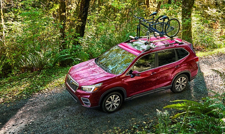 Red 2019 Subaru Forester on cliff