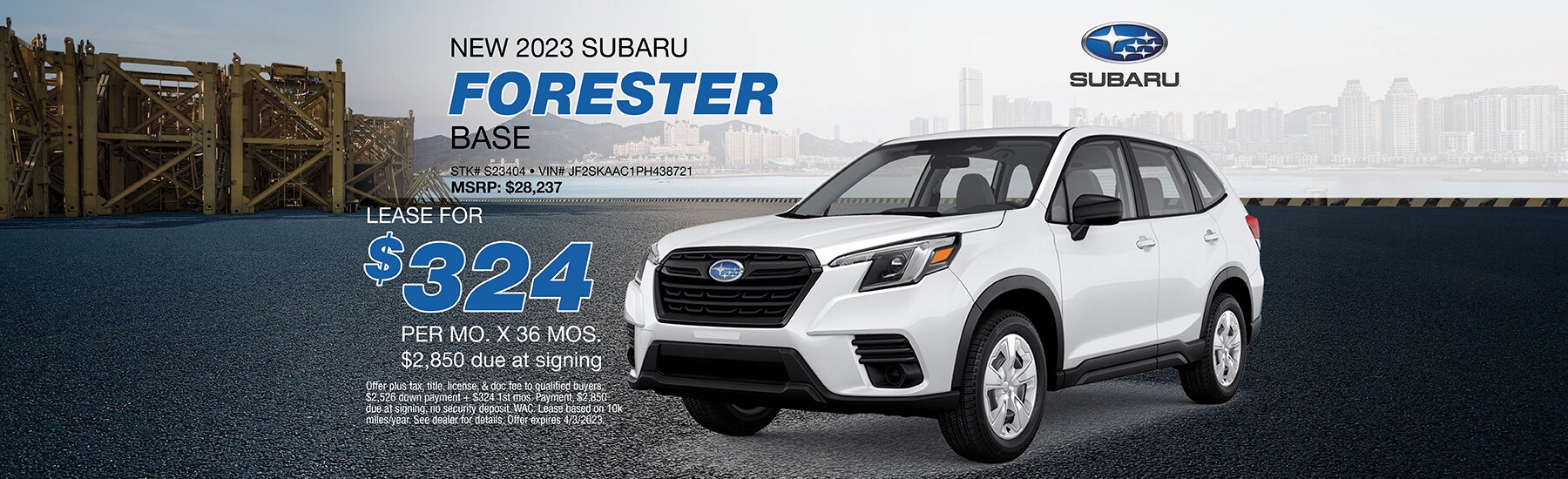 Lease a new 2023 Subaru Forester Base for $324 per month for 36 months with $2,850 due at signing. MSRP $28,237 and VIN JF2SKAAC1PH438721