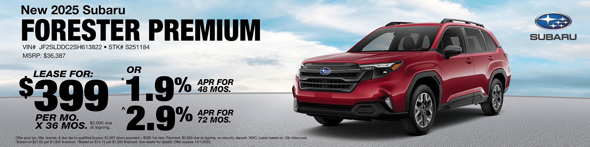 Lease a new 2025 Subaru Forester Premium for $399 per month for 36 months with $2,000 due at signing or 1.9% APR for 48 months or 2.9% APR for 72 months. | MSRP: $36,387 | Stock Number: S251184 | VIN: JF2SLDDC2SH613822