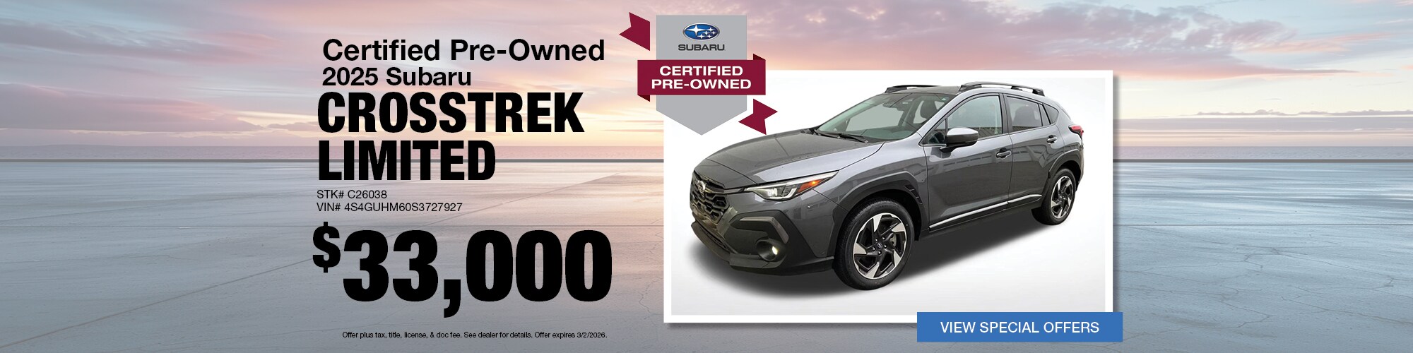 Buy a certified pre-owned 2025 Subaru Crosstrek Limited for $33,000 | Stock Number: C26038 | VIN: 4S4GUHM60S3727927
