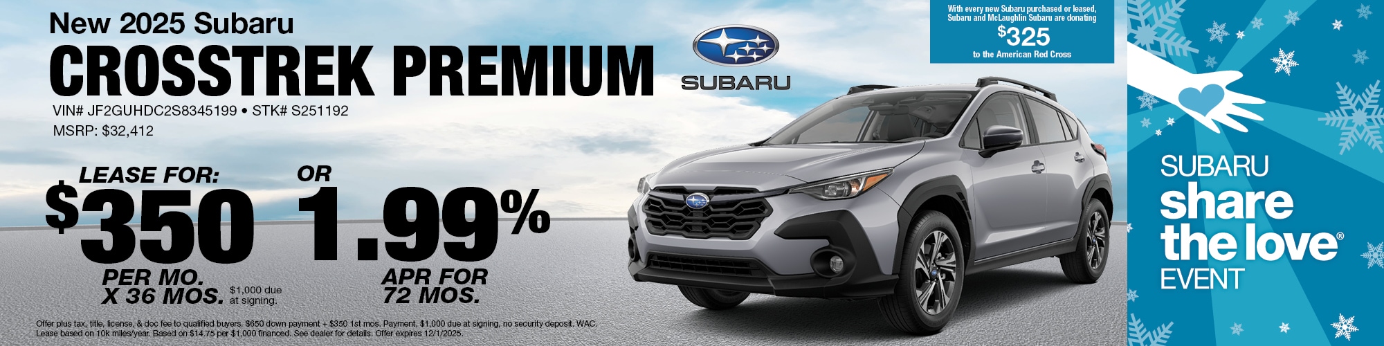 Lease a new 2025 Subaru Crosstrek Premium for $350 per month for 36 months with $1,000 due at signing or 1.99% APR for 72 months. | MSRP: $32,412 | Stock Number: S251192 | VIN: JF2GUHDC2S8345199