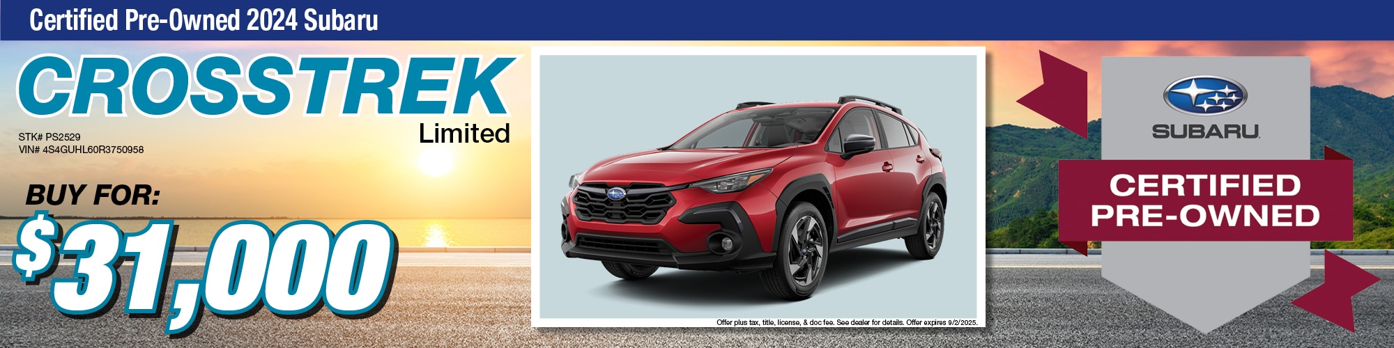 Buy a certified pre-owned 2024 Subaru Crosstrek Limited for $31,000 | Stock Number: PS2529 | VIN: 4S4GUHL60R3750958