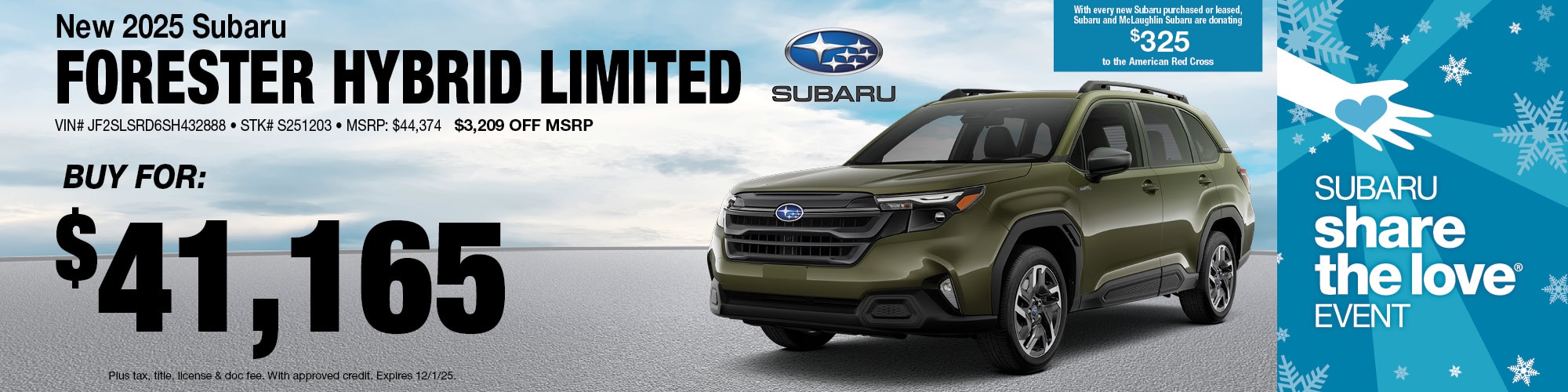 Buy a new 2025 Subaru Forester Hybrid Limited for $41,165 - $3,209 off MSRP | Stock Number: S251203 | VIN: JF2SLSRD6SH432888 | MSRP: $44,374.