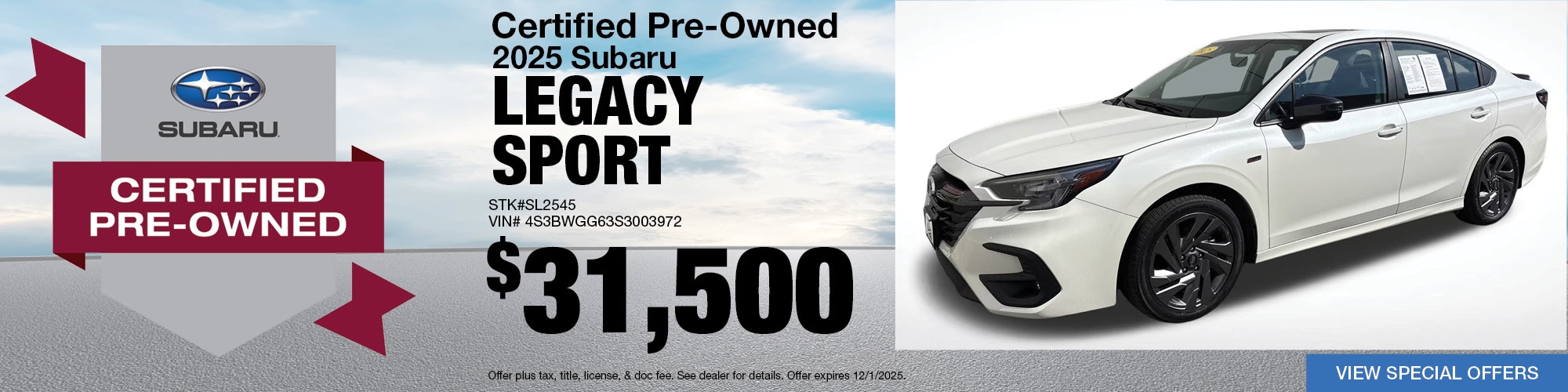 Buy a certified pre-owned 2025 Subaru Legacy Sport for $31,500 | Stock Number: SL2545 | VIN: 4S3BWGG63S3003972
