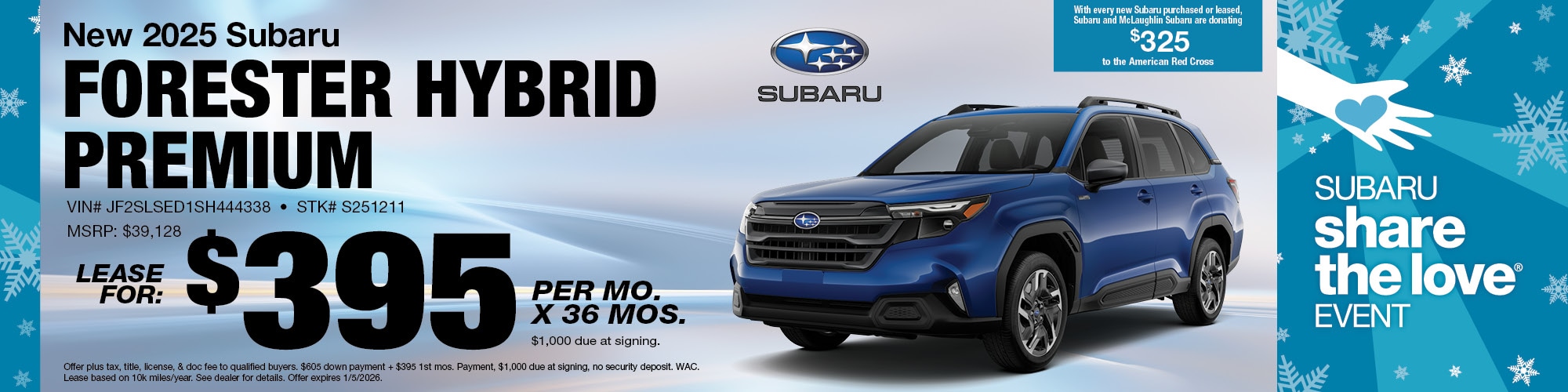 Lease a new 2025 Subaru Forester Hybrid Premium for $395 per month for 36 months with $1,000 due at signing. | Stock Number: S251211 | VIN: JF2SLSEDISH444338 | MSRP: $39,128.