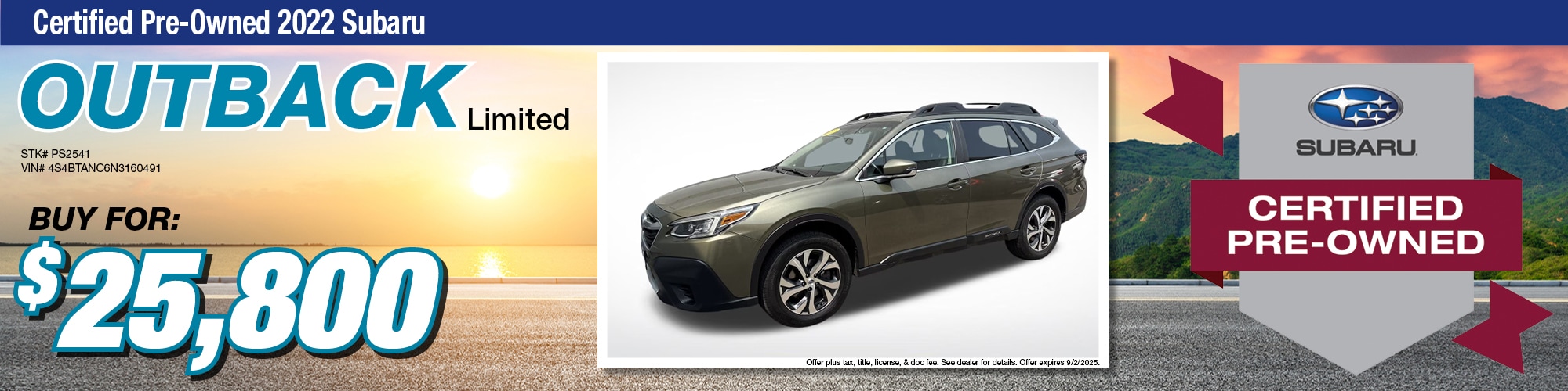 Buy a certified pre-owned 2022 Subaru Outback Limited for $25,800 | Stock Number: PS2541 | VIN: 4S4BTANC6N3160491