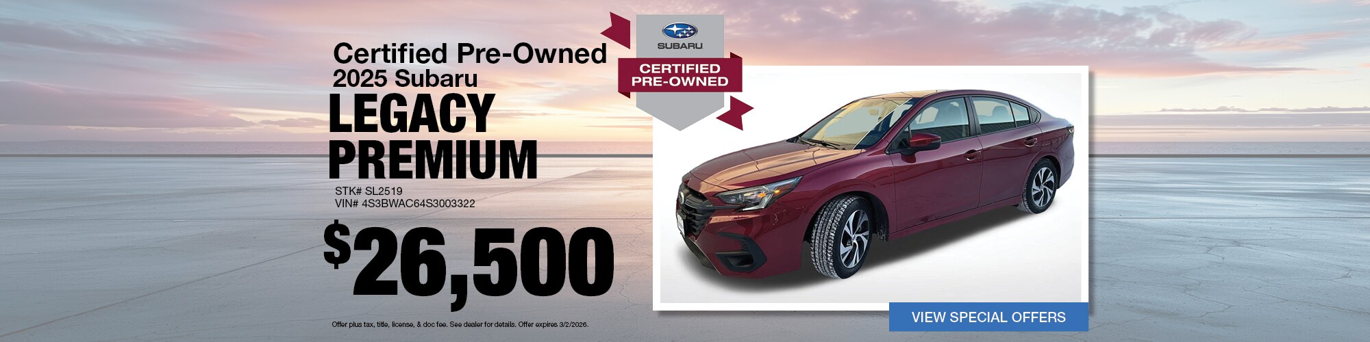 Buy a certified pre-owned 2025 Subaru Legacy Premium for $26,500 | Stock Number: SL2519 | VIN: 4S3BWGG63S3003972