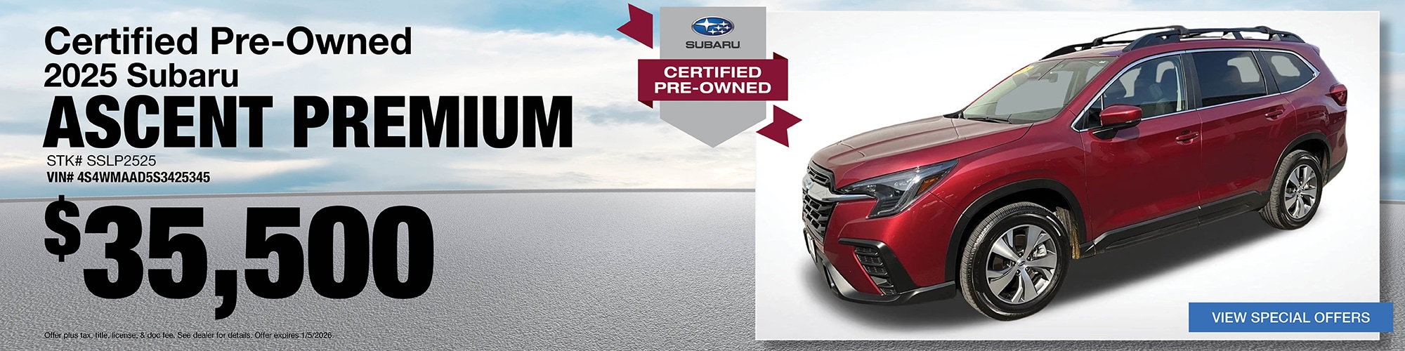 Buy a certified pre-owned 2025 Subaru Ascent Premium for $35,500 | Stock Number: SSLP2525 | VIN: 4S4WMAAD5S3425345