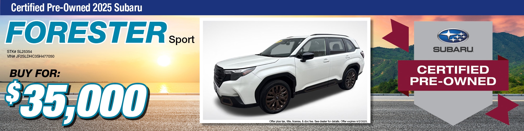 Buy a certified pre-owned 2025 Subaru Forester Sport for $35,000 | Stock Number: SL25354 | VIN: JF2SLDHC3SH477050