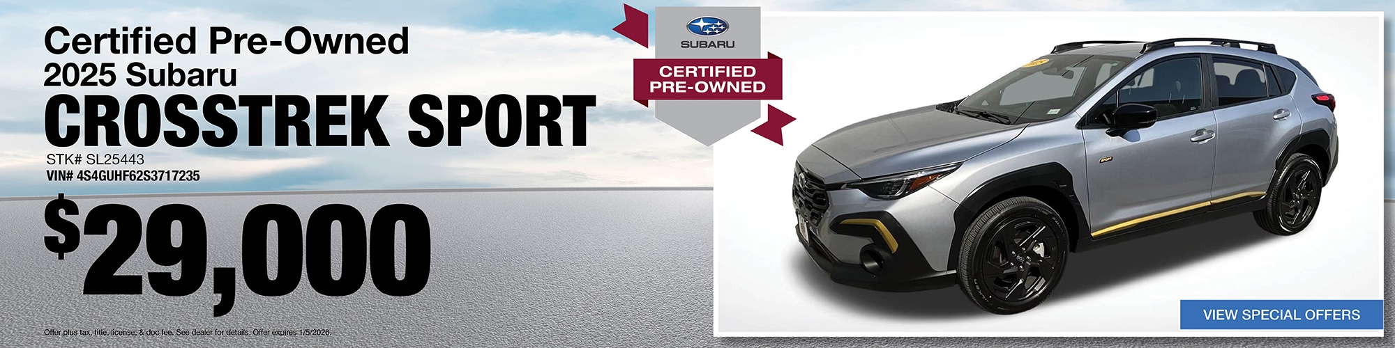 Buy a certified pre-owned 2025 Subaru Crosstrek Sport for $29,000 | Stock Number: SL25443 | VIN: 4S4GUHF62S3717235