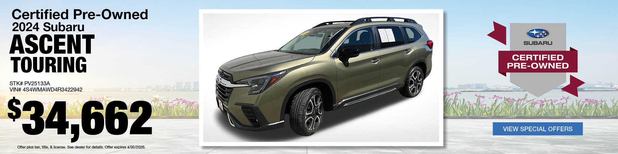 Buy a certified pre-owned 2024 Subaru Ascent Touring for $34,662 | Stock Number: PV25133A | VIN: 4S4WMAWD4R3422942