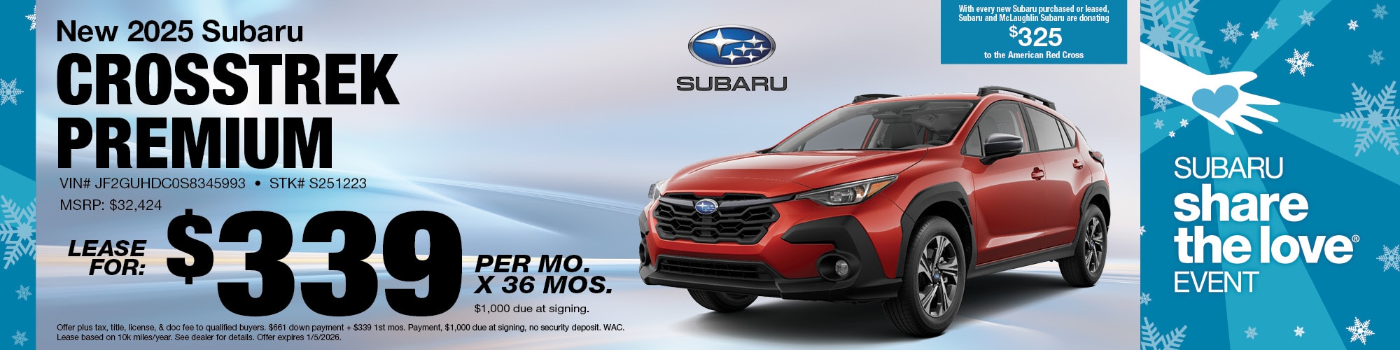 Lease a new 2025 Subaru Crosstrek Premium for $339 per month for 36 months with $1,000 due at signing. | MSRP: $32,424 | Stock Number: S251223 | VIN: JF2GUHDCOS8345993