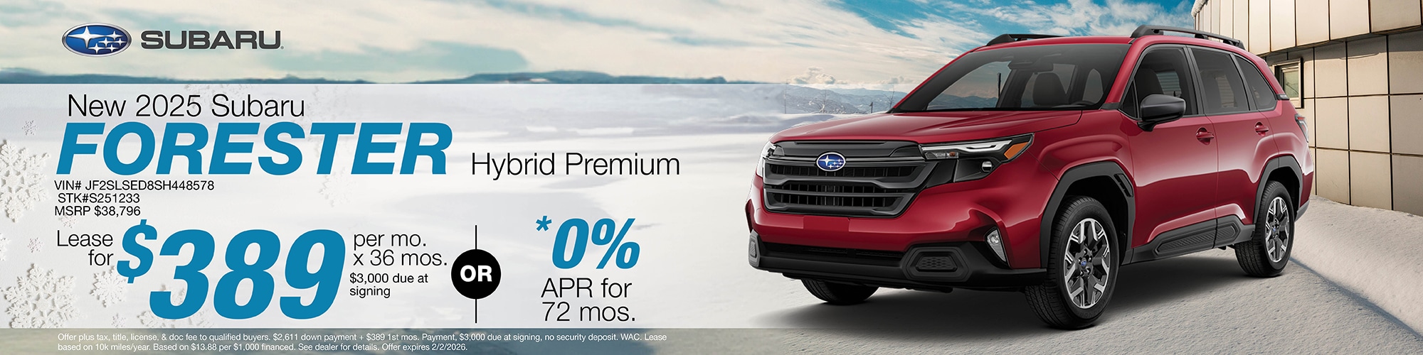 Lease a new 2025 Subaru Forester Hybrid Premium for $389 per month for 36 months with $3,000 due at signing or 0% APR for 72 months. | Stock Number: S251233 | VIN: JF2SLSED8SH448578 | MSRP: $38,796