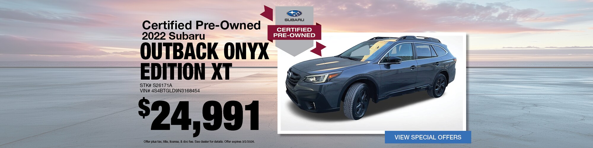 Buy a certified pre-owned 2022 Subaru Outback Onyx Edition XT for $24,991 | Stock Number: S26171A | VIN: 4S4BTGLD9N3168454