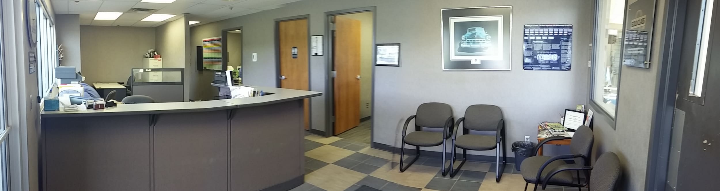 Inside the auto body shop waiting room