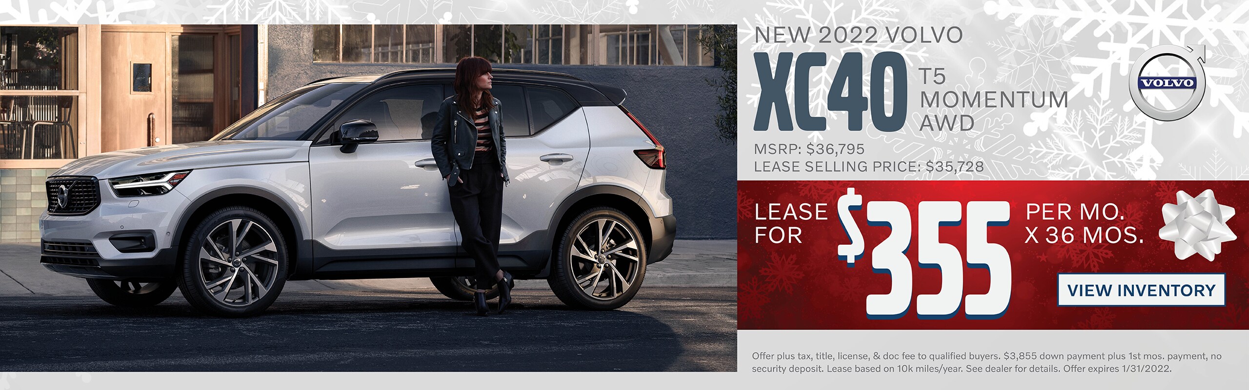 Lease a new 2022 Volvo XC40 T5 Momentum AWD for $355 per month for 36 months - MSRP $36,795 - Lease $35,728