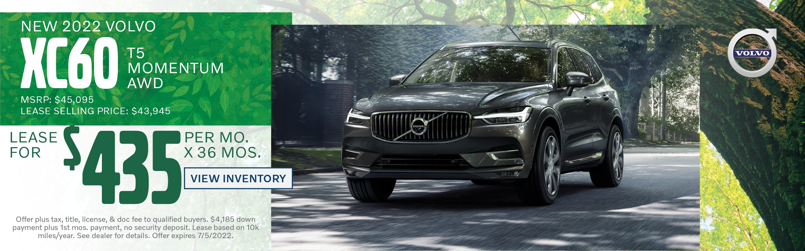 2022 Volvo XC60 T5 Momentum AWD lease for $435 per month for 36 months - Lease selling price: $43,945 and MSRP $45,095