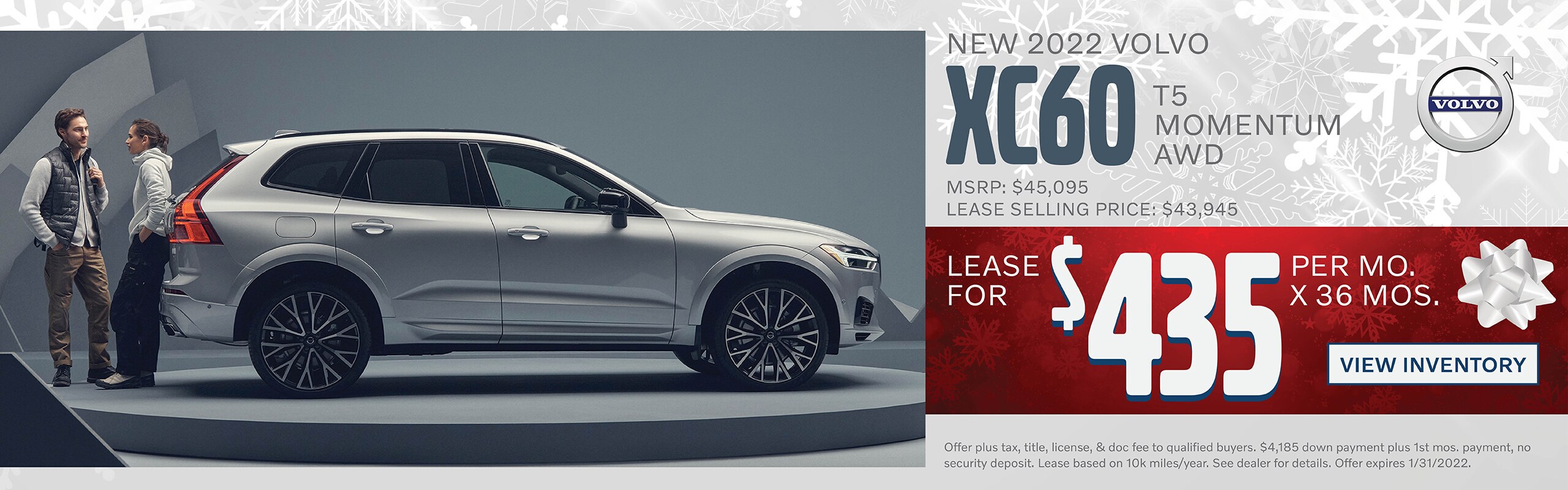Lease a new 2022 Volvo XC60 T5 Momentum AWD for $435 per month for 36 months - MSRP $45,095 - Lease $43,945