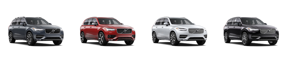 Volvo XC90 Trims levels A grey Volvo XC90 Momentum, Red Volvo XC90 R-Design, White Volvo XC90 Inscription, and a Black Volvo XC90 Excellence
