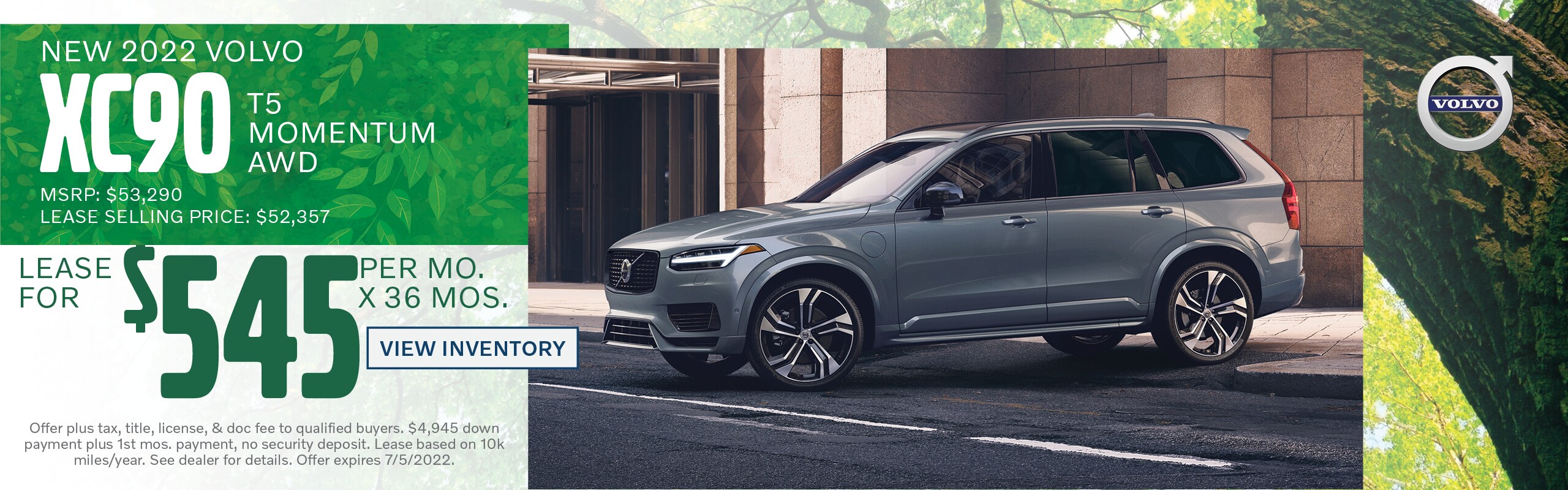 2022 Volvo XC90 T5 Momentum AWD lease for $545 per month for 36 months - Lease selling price: $52,357 and MSRP $53,290