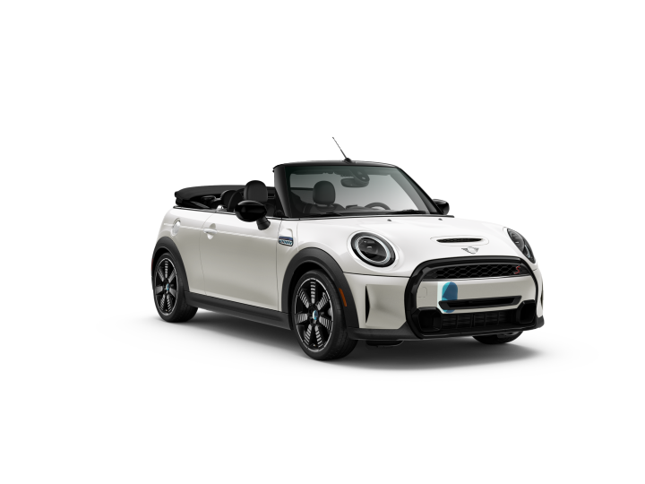 Three-quarters front view of a MINI Cooper S Convertible Seaside Edition in Nanuq White, parked on a blank white surface with its shadow underneath it and nothing in the background.