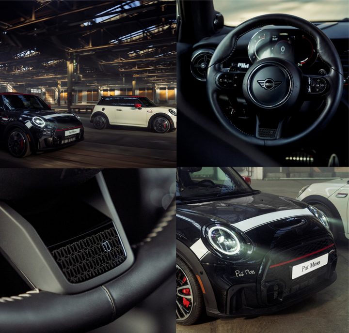 Four images of the MINI Pat Moss Edition including two that are driving in an urban setting (one in Midnight Black Metallic and one in Pepper White), a driver's seat view of the Nappa Leather Steering Wheel and dashboard, a close up view of detailed finish on the Nappa Leather Steering Wheel, and a view of the Exclusive Horizontal Bonnet Stripe on a Midnight Black Metallic model.