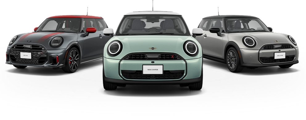  Angled exterior views of the MINI JCW 2 Door, MINI Cooper 2 Door, and MINI Cooper S 2 Door.