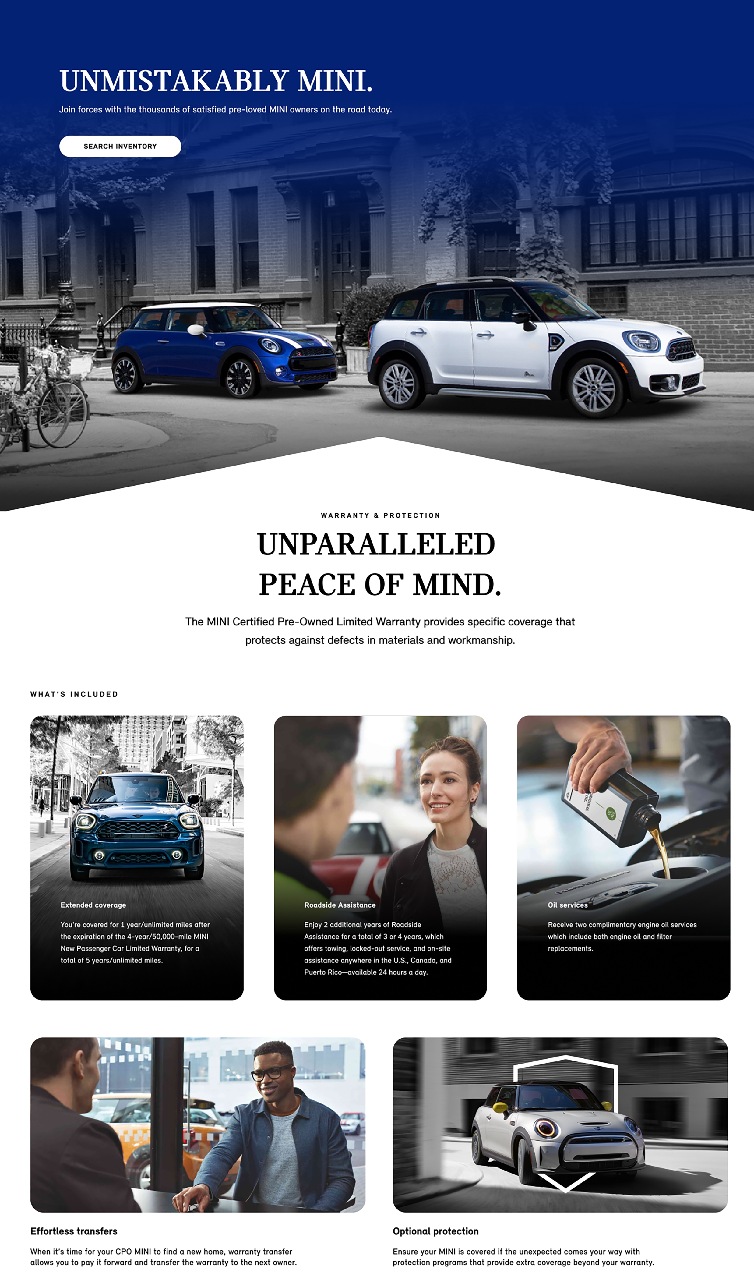 A MINI Cooper S 2 Door and MINI Countryman S ALL4 parallel parked next to each other.  Front view of a MINI Countryman S ALL4.A woman smiles towards a Roadside Assistance professional.  Oil being poured during an engine oil service.A man smiles while conversating at a MINI Dealership.A MINI Electric Hardtop S 2 Door rounds a corner. 