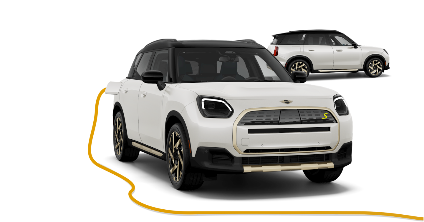 Angled exterior view of the MINI Countryman SE ALL4 charging in front of smaller side view of MINI Countryman SE ALL4.