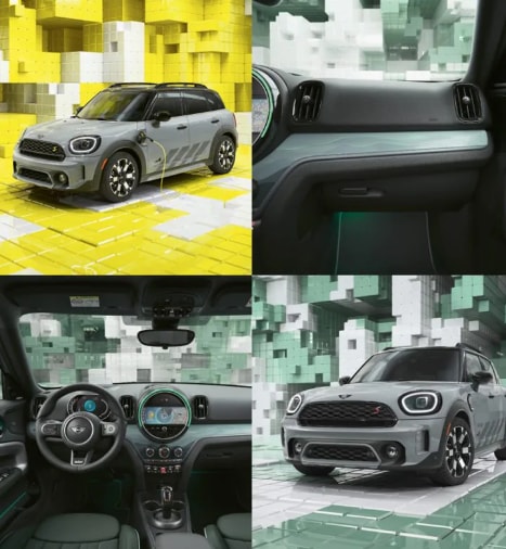 Four images of the MINI Countryman Untamed Edition in a CGI world made up of 3D, Tetris like boxes, including the car charging its batteries, a closeup of the passenger side illuminated untamed interior surfaces, and an interior view of the dashboard.