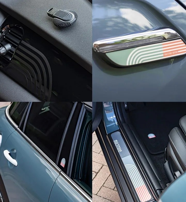 Four images of the MINI Multitone Edition design including (clockwise from top left) Piano Black interior, side scuttles, door sills, and Aspen White door handle.