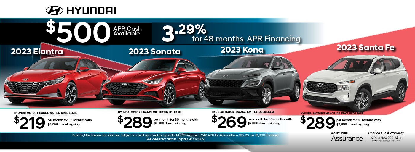 2023 Hyundai Elantra, Kona, Santa Fe, and Sonata with $500 APR cash available at 3.29% for 48 months APR financing - $219-289 per month for 36 months