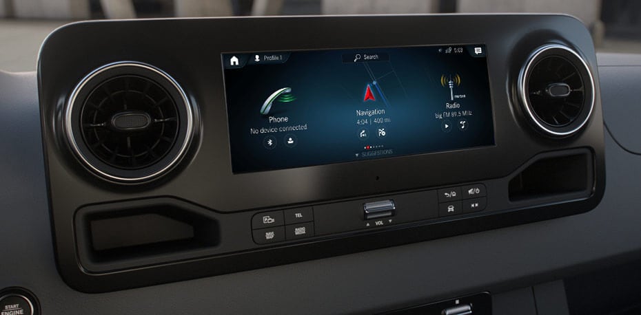 Learn about the specs, configurations, and color options of the Mercedes-Benz Sprinter Cargo Van Interior shot of a Mercedes-Benz Sprinter Cargo Van infotainment touchscreen