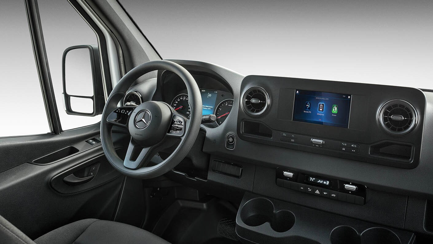 Learn about the interior design features of the 2025 Mercedes-Benz Sprinter Crew Van Interior shot