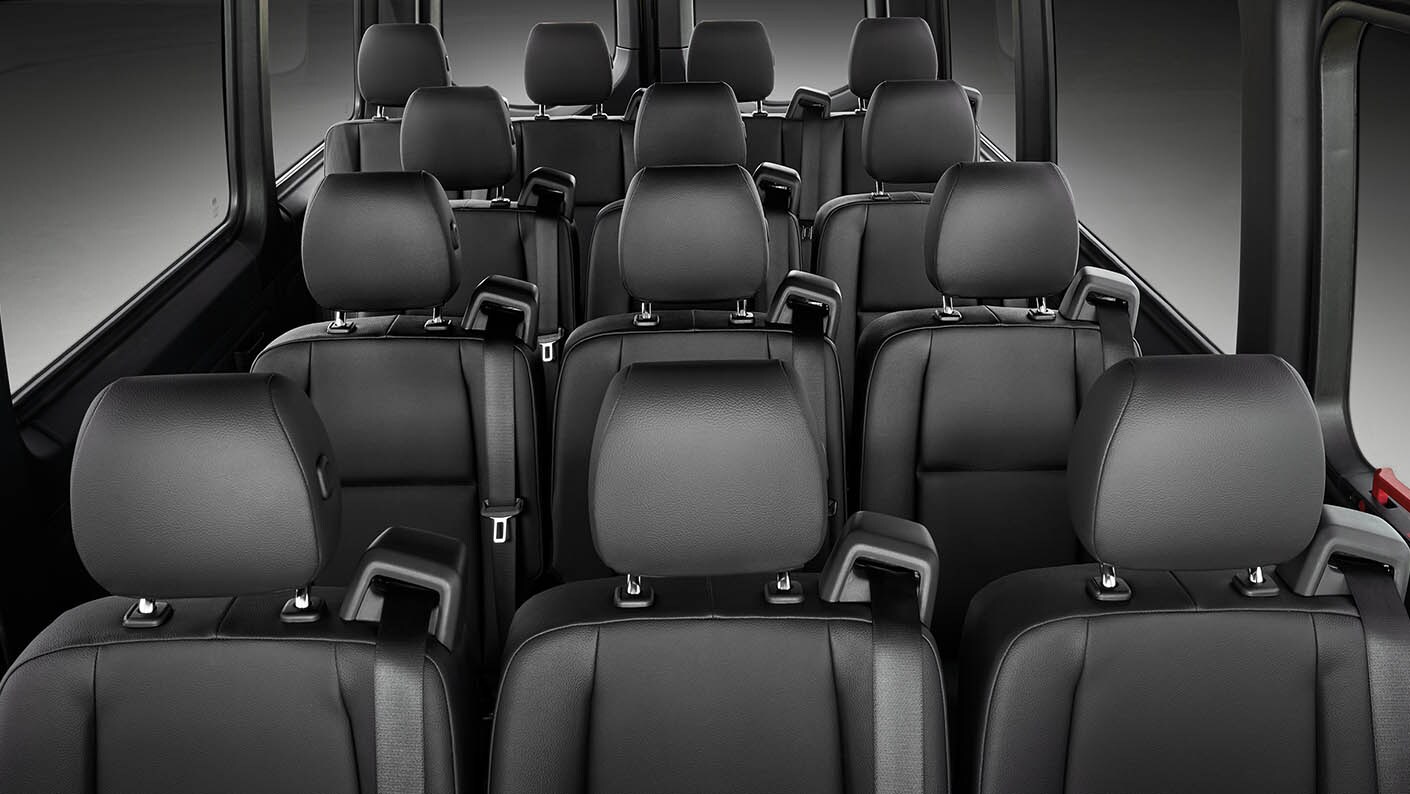 Learn about the interior design features of the 2025 Mercedes-Benz Sprinter Passenger Van Interior shot