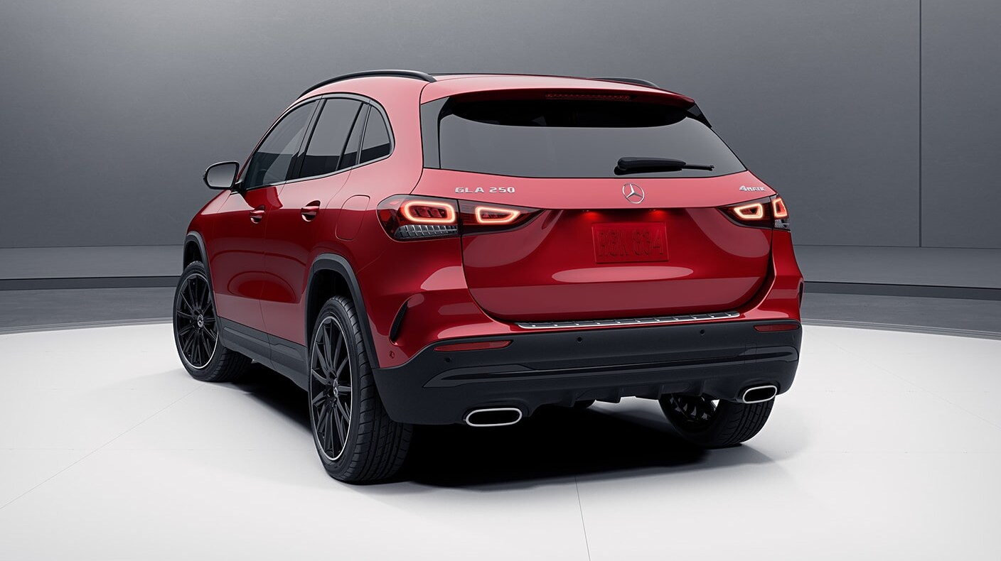 A view of the back of a red 2023 Mercedes-Benz AMG GLA 250 SUV