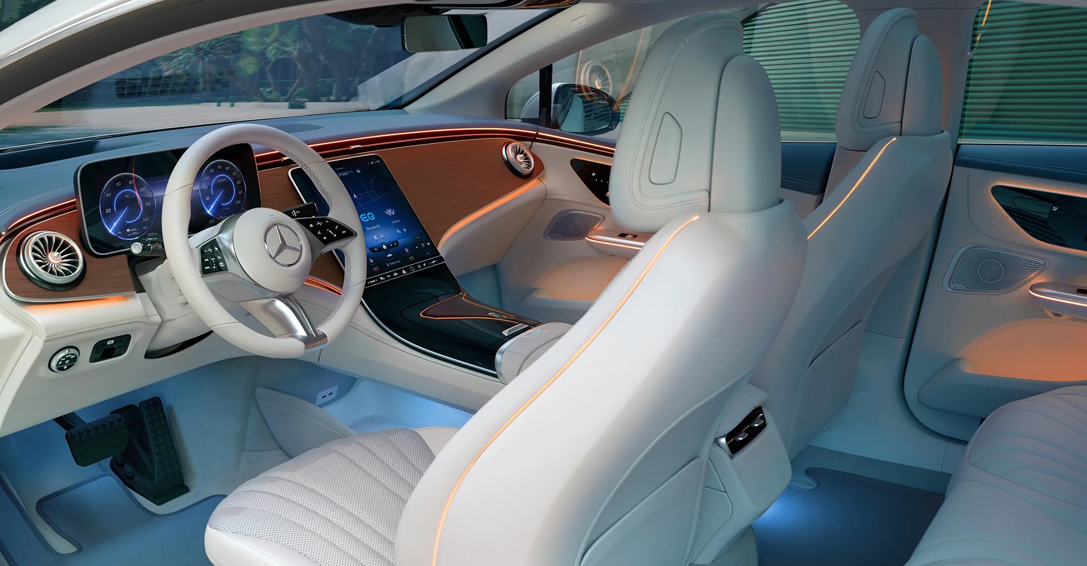 The luxurious white leather interior of a Mercedes-AMG C-Class Sedan.