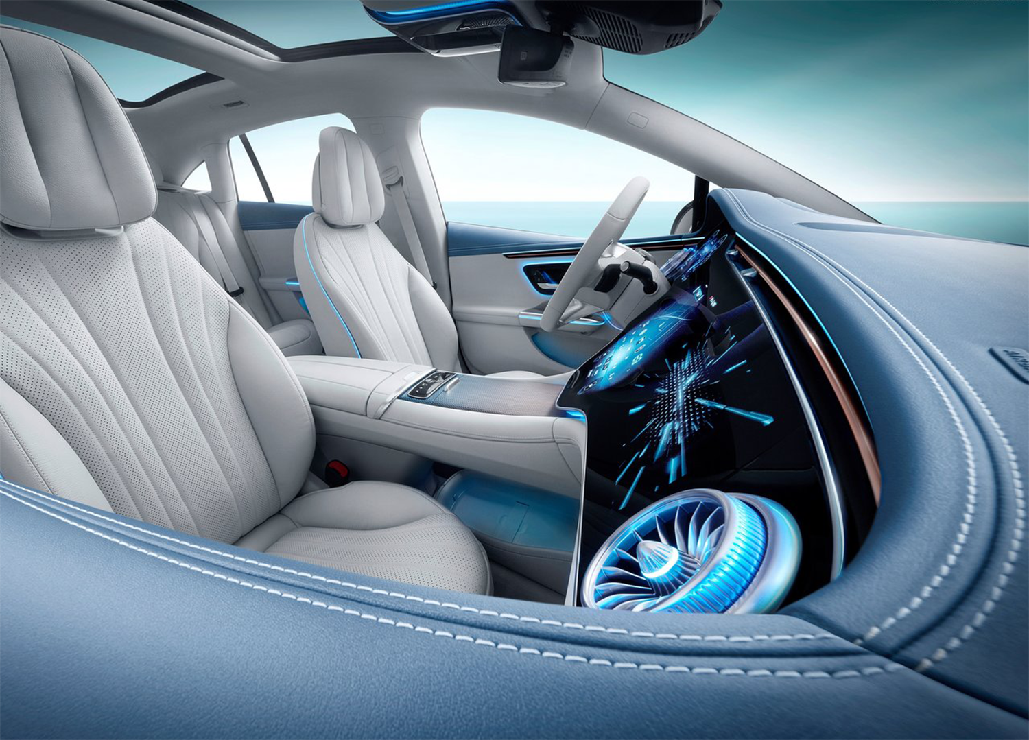 A view of the luxury seating inside a new Mercedes EQE.
